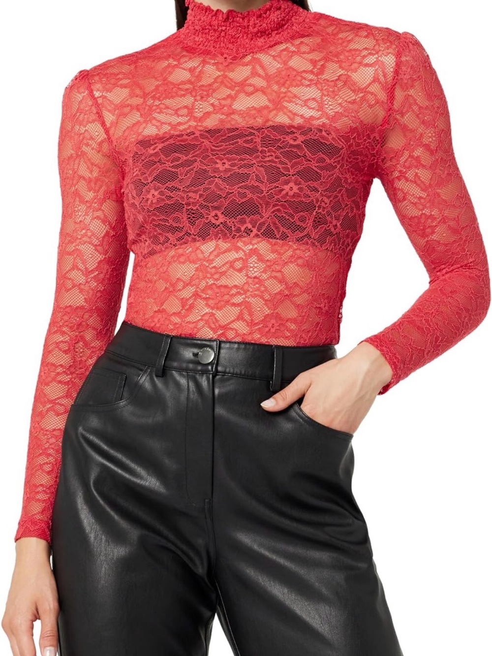 The Drop Bitter Red Floral Lace Mock Neck Long Sleeve Top XS NWT Romantic Sheer